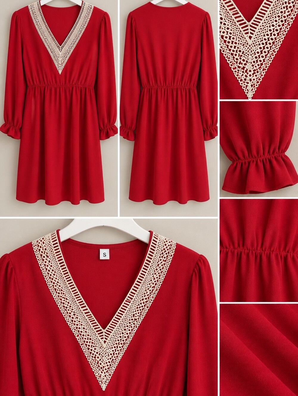 Red V-Neck Lace Trim Long Sleeve Dress Top